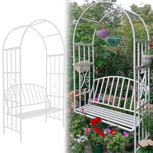 QYANPEN Gartenlaube aus Metall mit Bank, Gartenbogen-Spalier für Kletterpflanzen, Metall-Gartenbogen für Hinterhof, Terrasse, Patio, 206 x 114 x 50 cm (weiß)