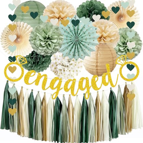 Decorazioni per feste di fidanzamento verde salvia Just Engaged decorazioni glitter fidanzato banner tessuto pom pom lanterne di carta ghirlanda con nappe per decorazione sposata decorazione per feste