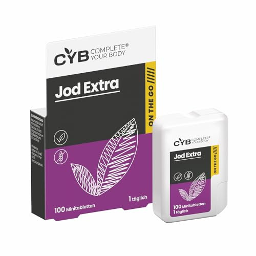 CYB Minitabletten für unterwegs, 100 kleine, leicht verdauliche Tabletten im praktischen Spender – Jod Extra 330 Mikrogramm – Schilddrüsenfunktion, Nervensystem, normale Haut