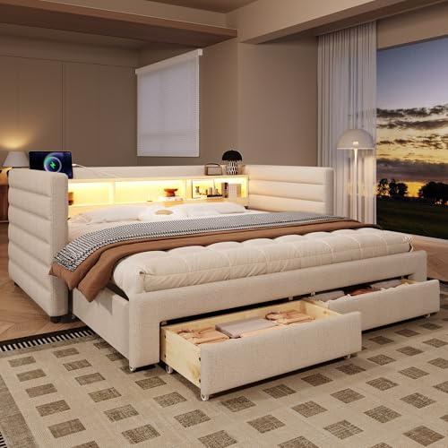 Soweiz Tagesbett Daybett Schlafsofa 90×190 cm, Ausziehbett-Design, USB + Typ-C-Anschlüsse, mit Zwei Schubladen, Mehreren Staufächern, Lichtleiste, Ohne Matratze, Samt (Beige)