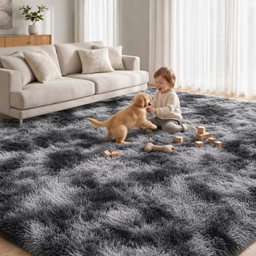 Rugs Living Room 160x230cm, Dark Grey Shaggy Rug for Bedroom, Ultra Soft Fluffy Tie Dye Area Rug, Washable Anti Slip Large Carpet for Living Room Nursery Kids Room, Non Shedding Modern Floor Rug