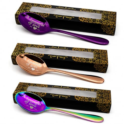 Personalised Engraved Teaspoon – Coffee & Tea Spoon Gift with Gift Box – “A Spoonful of Love” Design – Laser Engraved Stainless Steel Spoon – Available in Rose Gold, Rainbow & Purple (3 Colour Set)