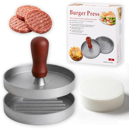QTORCHE Presse à Burger avec 100 Feuilles Papier Sulfurisé, Moule Hamburger Aluminium Antiadhésif, Poignée Bois d’Acajou, Épaisseur Réglable, Idéal Steak Haché BBQ