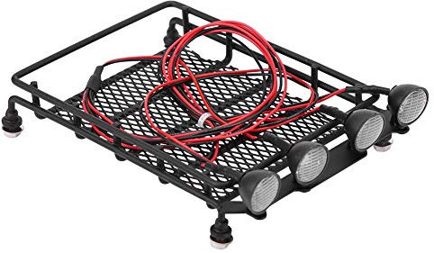 RC Car Roof Rack, Middle Size Roof Rack Luggage Carrier With 4 Round LED Lights for Axial SCX10 1/10 RC Crawler Car(4 White Light Color)