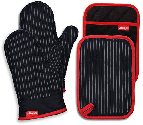 Coziselect Oven Gloves Heat Resistant 480℉, 4 Pack Cotton Double Pot Holders and Oven Mitts with Terrycloth Lining, Non-slip Kitchen Oven Gloves for Cooking Baking Grilling, Black