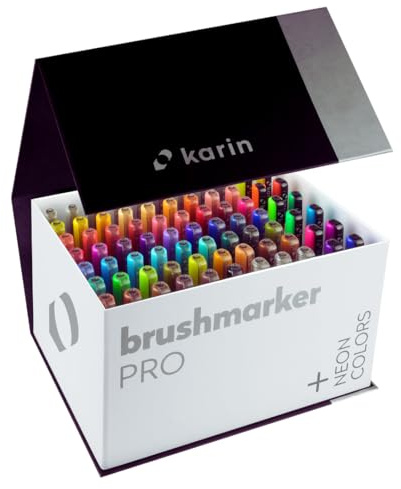 KARIN Mega Box PLUS - 72 Farben + 3 Blender, Brushmarker PRO - Brushpens auf Wasserbasis geeignet zum Malen, Zeichnen und Handlettering, mehrfarbig, NEON-Farben enthalten