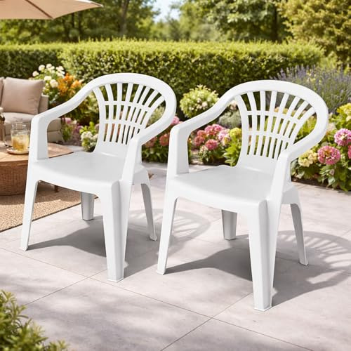 Mojawo 2 Stück Stapelstuhl Gartenstuhl Altea Bistrostuhl Gartensessel Balkonstuhl Kunststoff stapelbar Balkonmöbel Gartenmöbel Weiß
