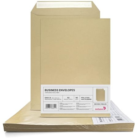 Netuno 50x Versandtasche DIN C4 Braun 229 x 324 mm 90g große Briefumschläge ohne Fenster gerade Klappe Haftklebung Umschläge Maxibrief A4 Briefkuverts Großbrief Kuverts envelope big