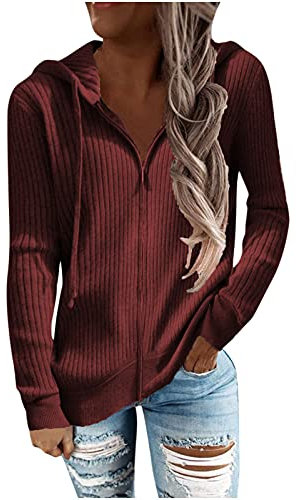 Masrin Hoodie Damen Einfarbiger Strickmantel Herbst Winter Leichte Jacke Gerippte Oberbekleidung mit Kapuze Langarm Sweatshirt mit Kordelzug Strickjacke mit Reißverschluss Sportbekleidung