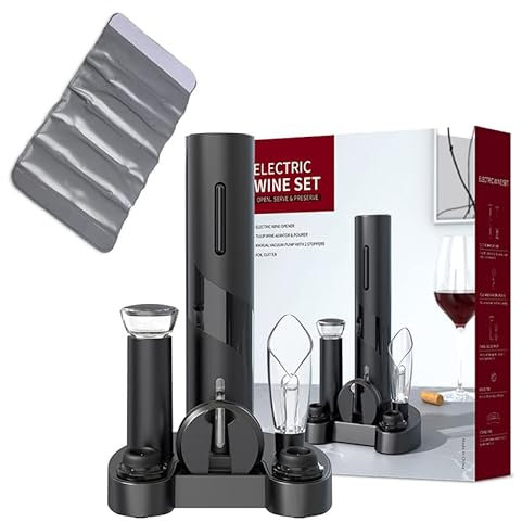 Abridor de Vino Eléctrico profesional, Cortador de tapa aluminio, 2 tapones, Aireador de botellas, Bomba de vacío, Base y un Enfriador de Vino. Sacacorchos de vino Automático, con pilas