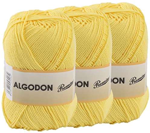 Baumwollgarn 100% Baumwolle 220 Meter zum Stricken und Häkeln, Packung mit 3 x 100g, Farbe Gelb