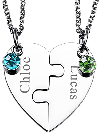 INBLUE Personalisierte Halskette für Männer/Frauen, Paar-/Freundschaftskette für 2/3/4/5 Teile, Schwarz/Silber Herz-Puzzle-Teile-Halsketten-Sets, Name/Text-Gravur Edelstahl-Halskette