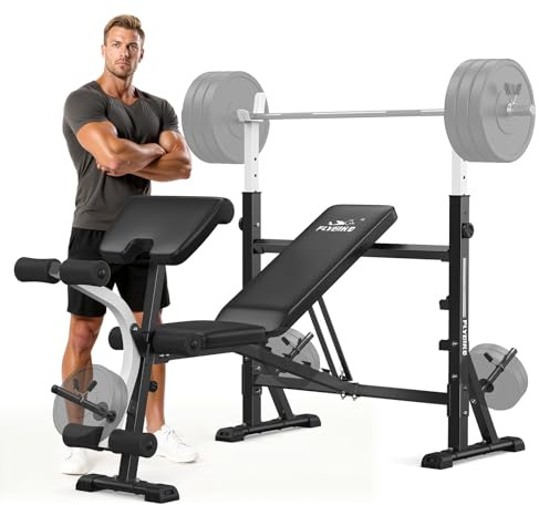 FLYBIRD Olympic Adjustable Weight Bench with Barbell Rack, 4-in-1 Multi-Bench Press Strength Training with Leg Extension/Curl & Preacher Curl, Incline Flat Decline for Full Body Home Gym Equipment