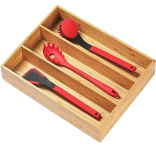 Umilife Bamboo Kitchen Utensils Organizer, 13 Inch Drawer Dividers for Silverware, Extra Deep Holder, with Non-Slip Feet, Wood Caddy for Flatware Cutlery