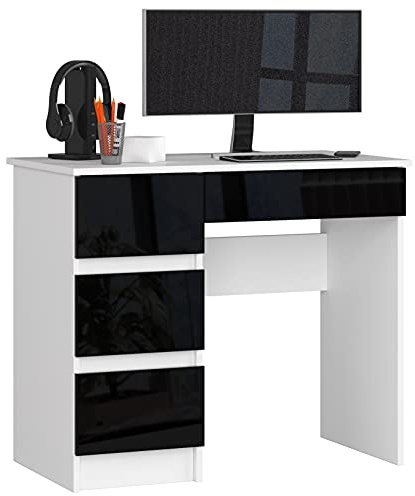 AKORD | Computertisch | Schreibtisch 4 Schubladen | Komfort | Hohe Qualität | Solide | Für Zuhause | Für das Büro | Ergonomie | Für die Arbeit | B90 x H77 x T50 cm | Weiß & Schwarzer Glanz Front