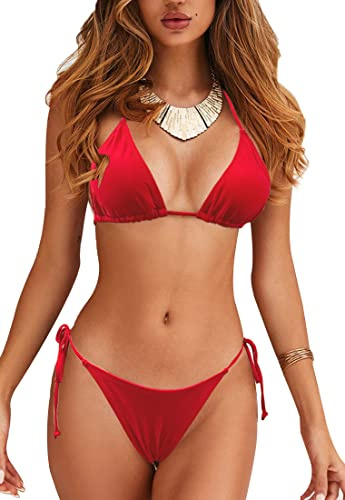 JFAN Bikini Sets for Women Triangle Top Tie Side String Bikini Swimsuit Bottoms High Waisted Two Piece Swimsuits Red-A M