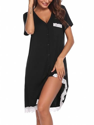 Ekouaer Camicia da Notte Parto Ospedale Pigiama Donna Maniche Corte Vestito da Notte Gravidanza e Allattamento Bottoni Pizzo, Nero, M