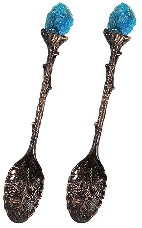 Soulnioi 2pcs Vintage Carved Mini Crystal Spoons, Decorative Tea Spoons Set Retro Zinc Alloy Spoons, Dessert Spoon for Ice Cream, Cake, Party, Home Dining, Bar （Blue Crystal