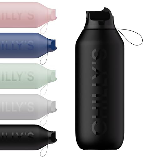 Chilly’s Series 2 Flip Trinkflasche mit Sportdeckel - Isolierflasche aus Edelstahl mit Trinkhalm, Trageschlaufe & Reinigungsbürste - auslaufsicher, kein Schwitzen - 500ml - Abyss Black