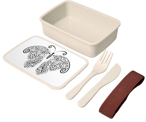 Fabulous Lunch Box - Boite à Repas avec couverts Dessin de Papillon Arabesque Noir Animaux Nature - 700 ml