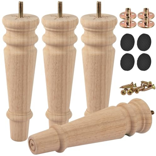 Btowin 20cm / 8 Zoll Unfertige Holz-Bun-Füße, 4 Stück Massive Holzmöbelbeine mit Gewinde M8, Aufhängeschrauben und Montageplatte und Schrauben für Sofa, Couch, Stuhl, Ottoman, Schrank