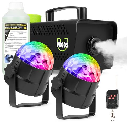 Fuzzix F500S - Pack Machine à Fumée 500 Watts avec 2 x Boules Disco RGB et 1L de Liquide à Fumée Standard - Un Pack tout-en-un Idéal pour les Soirées à la Maison, Fêtes d'Anniversaires