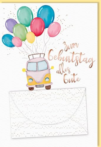 Skorpion Geburtstagskarte mit Geldgeschenk-Funktion - Fröhliche Bus & Luftballons Motive auf Naturkarton, Kreative Geschenkidee für Kinder & Erwachsene - mit Umschlag