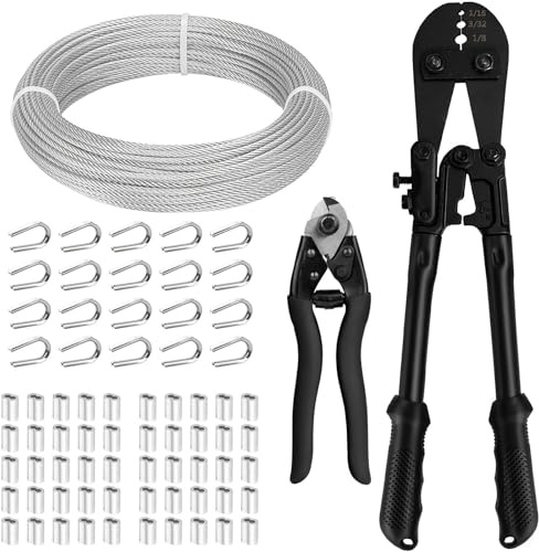 TooTaci 3mm Edelstahl Drahtseil, 30M Edelstahl Stahlseil Spanndraht mit Crimpwerkzeug, Cutter, Flugzeugkabel 7×7 Stränge, Stahldraht Seil Kabel für Geländer, Lichter hängen, Wäscheleine, Zaun