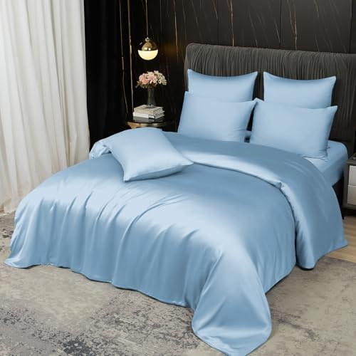 Boqingzhu Sommer Bettwäsche 200x200 cm 100% Bambus Lyocell Blau Hellblau Atmungsaktiv & Kühlend Luxus Sommerbettwäsche Reißverschluss, Oeko-TEX Zertifiziert, Bettbezug mit 2 Kissenbezügen 80x80 cm