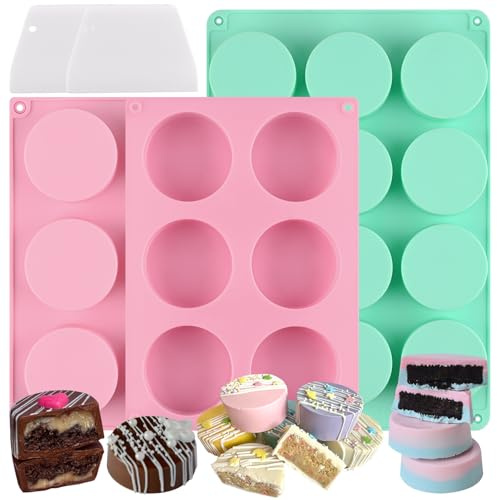 HUAKENER Juego de moldes para tartas de 2 tamaños diferentes, paquete de 3 moldes para tartas cubiertos de chocolate con 2 raspadores, moldes Oreo para Oreos cubiertos de chocolate, núcleos de pastel