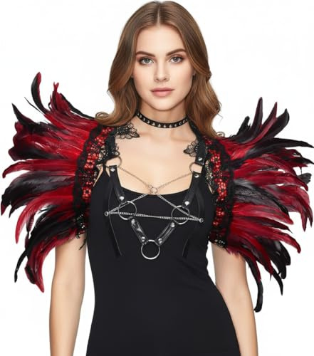 ZoneYan Dam gotisk fjäder kappa krage, capelet fjäderkrage, halloween fjädercape vingar axel, karnevalkostymer för djävul, maleficent kostym vampyr, halloween tillbehör karneval outfit