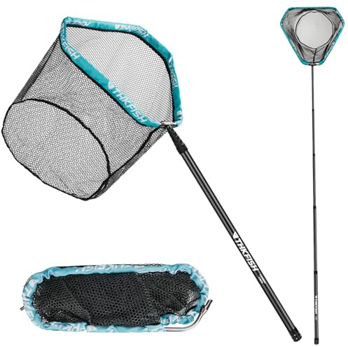 THKFISH 210-400CM Gummierter Kescher, Setzkescher, Carbonfaser Fishing Kescher mit Langem Griff, Teleskop Angelkescher, Aluminiumrahmen Kescher Angeln Gummiert, Fischkescher, Unterfangkescher