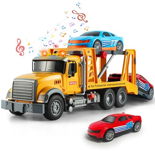 Joellfuner Abschleppwagen Spielzeug, 1:12 Großer Abschlepper Spielzeug mit 2 Rennwagen, Transporter LKW Lastwagen Abschleppauto mit Licht und Sound, Spielzeug Geschenk für Kinder ab 3 Jahre