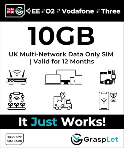 UK Multi-Network Data SIM Card | Automatically Selects the Strongest Network: EE, Three, O2, or Vodafone (10GB - 12 Months)