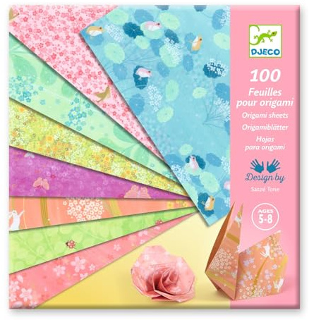 Djeco Origami-Papier - 100 Blätter, Waldbasiertes Papier, Quadratisch, Pastel, Origami