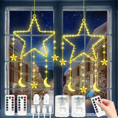 Weihnachtsbeleuchtung Fenster Stern, 2 Stück Weihnachtsdeko Beleuchtet Batteriebetrieben, LED Stern Weihnachten, Mit 8 Blinkenden Modi, Fernbedienung, USB, Für Ramadan, Hochzeit, Party