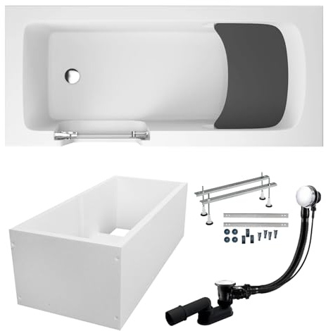 BADLAND Premium SET 6in1 Badewanne Rechteck Acryl Weiß Wanne, Seniorenbadewanne mit Glastür und Holzsitz VOVO 160x75 cm, Links mit Wannenträger, Made in EU, mit Ablaufgarnitur und Füßen