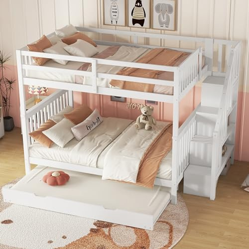 KEYIDE Letto a castello 140 x 200 cm, con letto estraibile e scale, culla con rete a doghe e protezione dalle cadute, per ragazzi e ragazzi, letto funzionale, senza materasso (bianco)