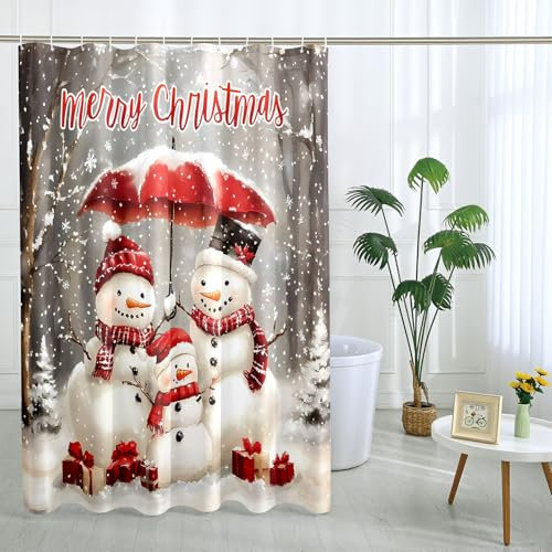 Cortina de ducha con diseño de muñeco de nieve, cortina de ducha con paraguas rojo para decoración de invierno, juego de cortina de ducha de tela impermeable con ganchos, 62 x 72 pulgadas