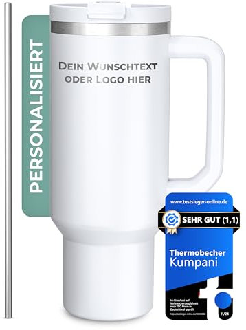 Kumpani Personalisierter Thermobecher mit Gravur – 1180ml Tumbler mit Henkel, Deckel & Strohhalm – Geschenk mit Name oder Logo für Frauen, Männer, Kollegen & Mitarbeiter – BPA-frei & isoliert