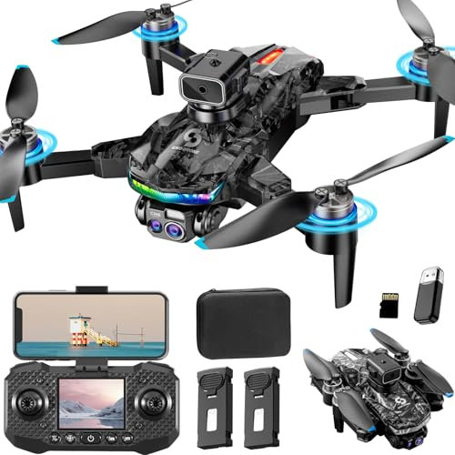 OBEST Drone con telecamera e schermo di controllo RC Grip, Drone motore brushless con luci RGB, Quadcopter pieghevole a doppia fotocamera 1080P per adulti e bambini