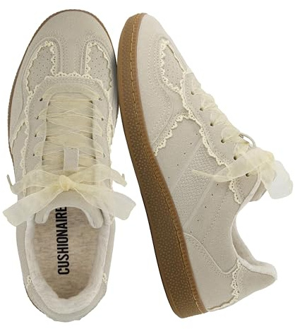 CUSHIONAIRE Belinda Women’s Lace Detail Casual Sneakers – Elegant Ribbon Lace-Up Summer Shoes for Women with Memory Foam, IVORY 8.5W