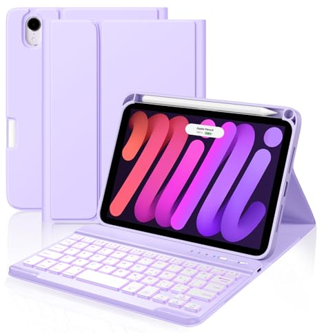 Cousper for iPad mini 7 Keyboard Case A17 Pro/Mini 6 Gen Case with Keyboard | Pencil Holder, 7 Color Backlit Detachable Keyboard Cover for iPad mini 7th/6th Generation 8.3-inch 2024/ 2021, Purple