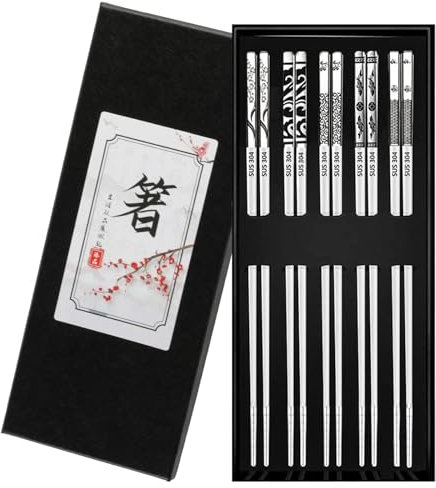 5 Paia Bacchette in Acciaio Inox, 23,5cm Bacchette Sushi Set Metallo, Bacchette Cinesi, Bacchette Giapponesi, Chopsticks Riutilizzabili Lavabili in Lavastoviglie, Regalo per Natale/Compleanno
