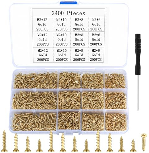 Petites vis autotaraudeuses, 2400 petites vis à bois, vis cruciformes, vis autotaraudeuses à tête fraisée plate pour l'électronique bricolage travail du bois - Or