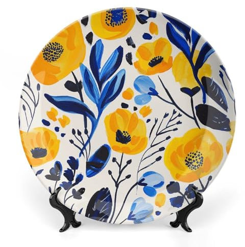 JKLQWH Assiette décorative en porcelaine anglaise - Assiettes à dîner en céramique - Fleurs jaunes et bleues - Assiette décorative en céramique avec présentoir - Ornements en céramique pour décoration