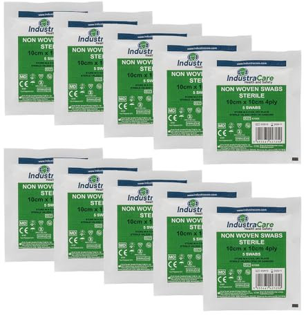 IndustraCare Premium Sterile 4ply Medical First Aid Gauze Swabs 10cm x 10cm - 10 Packs of 5 (50 Swabs)