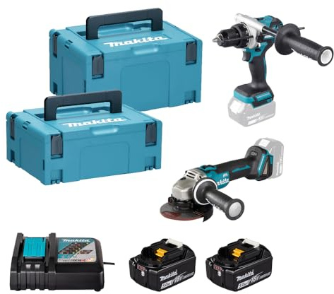 MAKITA DLX2552TJ, Kit Combo 18V con Taladro DHP492 y Amoladora DGA504, 2 Baterías 5,0Ah, Maletines Makpac