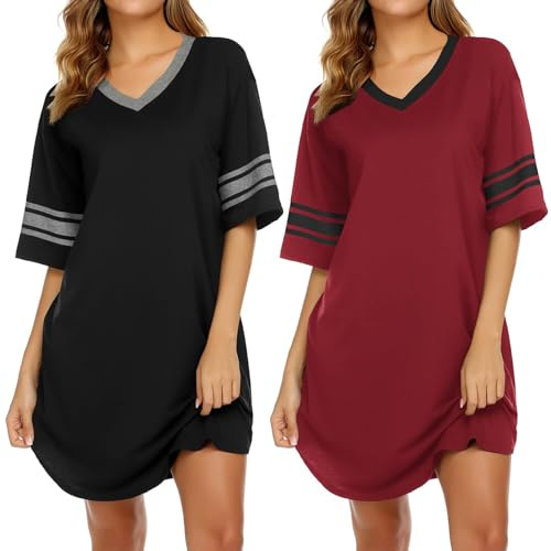 Ekouaer 2 Piezas Camisones de Mujer con Cuello en V Camisón Ropa para Dormir Manga Corta S-3XL