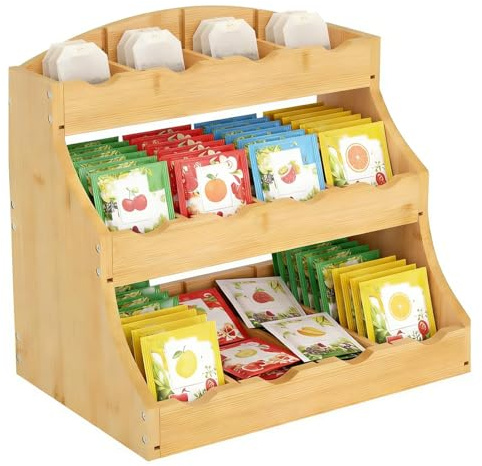 Organizador de bolsas de té de bambú, estante vertical de madera con 12 compartimentos de almacenamiento, estante para especias de pie, cajas de té para bolsas de té, almacenamiento de té, para cocina